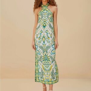 Off White Tropical Linen Halter Maxi Dress